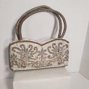 Vintage Beaded  Bag Purse White Silver Sequins Hand Embroidered Clutch Handbag‎